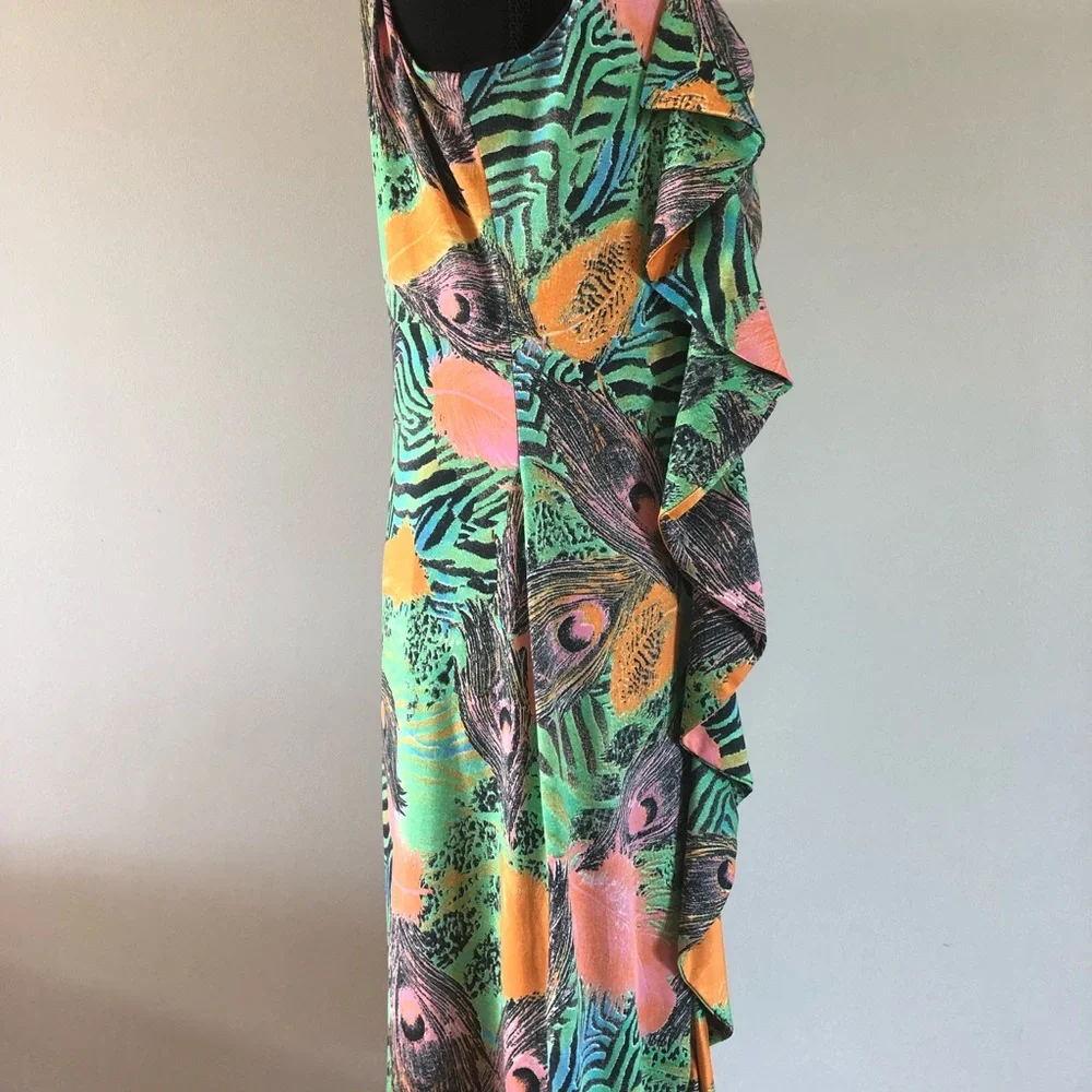 Women’s Tango Mango Tropical Ruffled front feathers & animal print dress size L - Picture 6 of 14